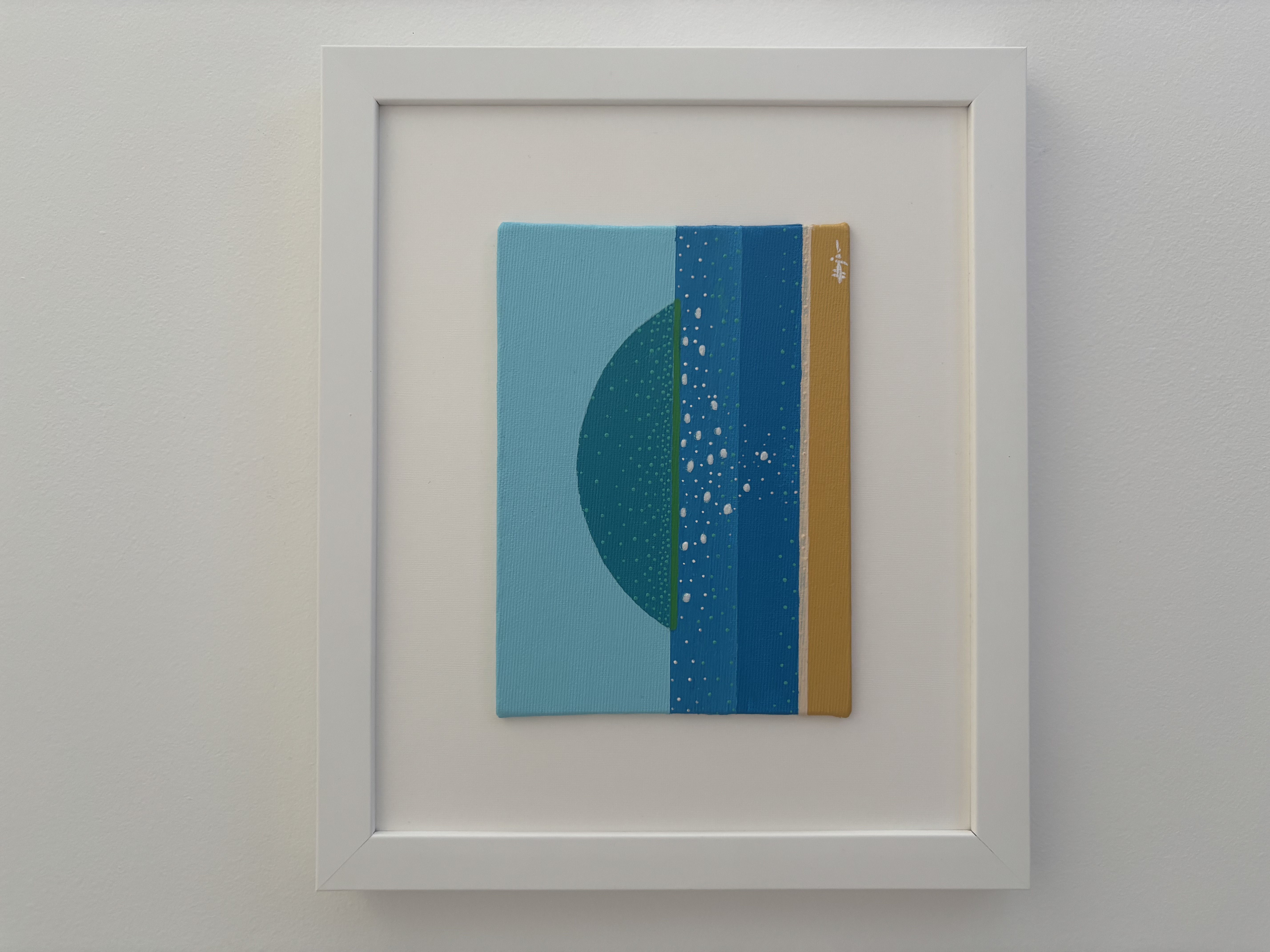 Blue Horizon - restrained seascape with island form on the horizon between bands of deep and light blue